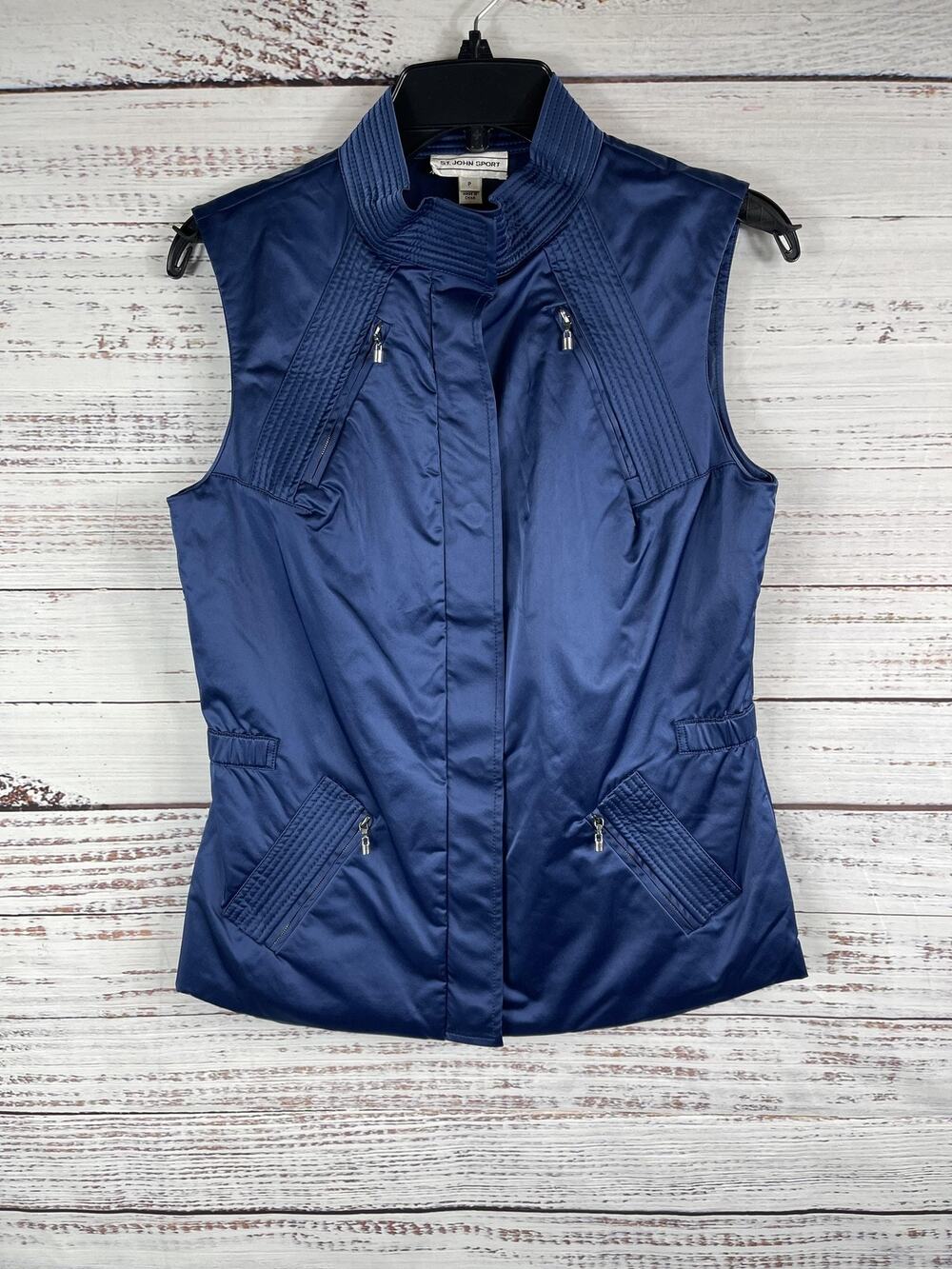 St John Sport Vest Women's Size S Blue Quilted Full Zip Sleeveless Moto Pockets